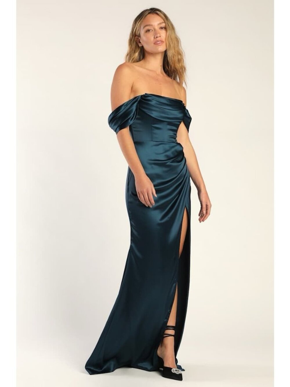 Lulus Stunning Arrival Maxi Dress Sz Medium Dark Teal Satin Off The Shoulder - Picture 5 of 8